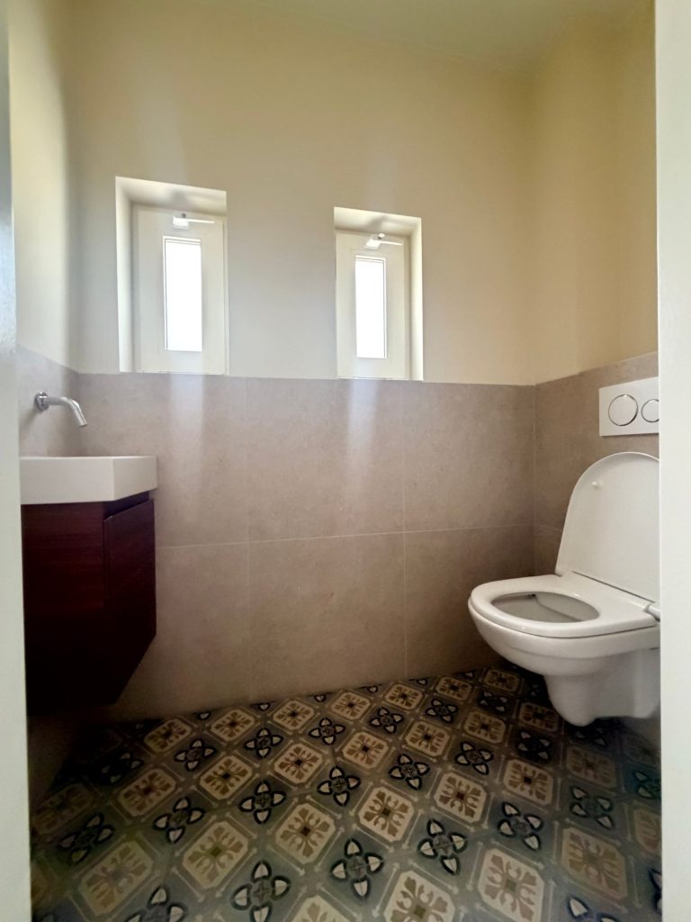 Vernieuwd toilet met hangtoilet, fontein en patroontegels